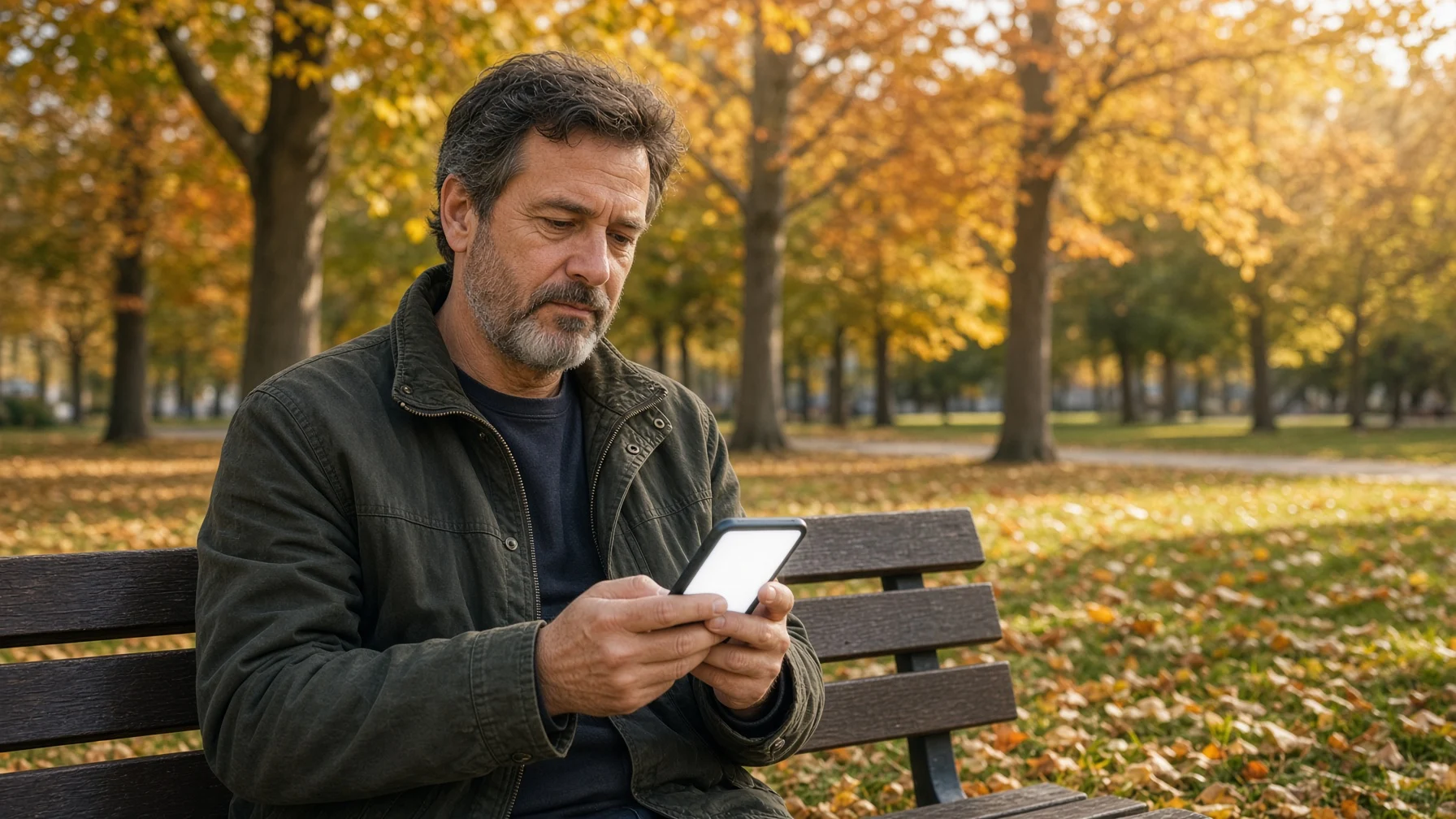 A middle-aged man sitting on a park bench in autumn holds his phone and pauses before tapping the screen, looking over the content with a thoughtful face