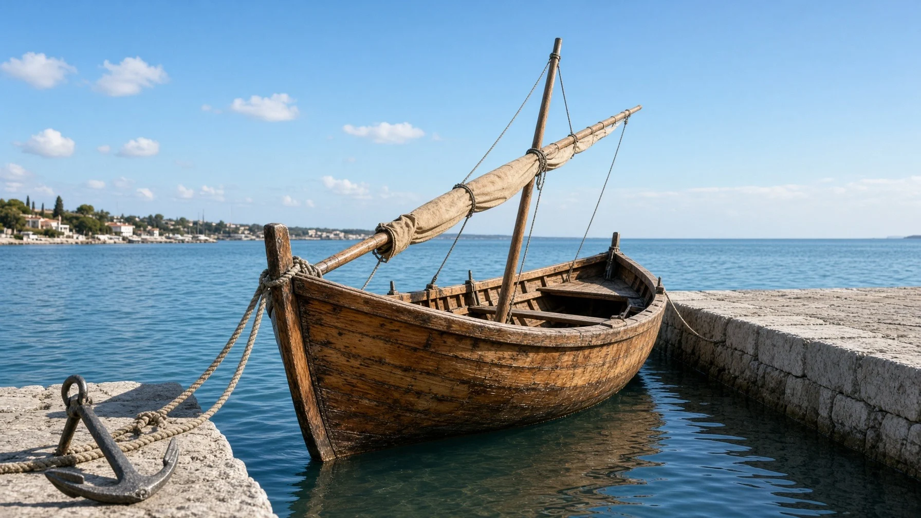 A small sailboat resting quietly at a pier in a clear harbor, with ropes and an anchor