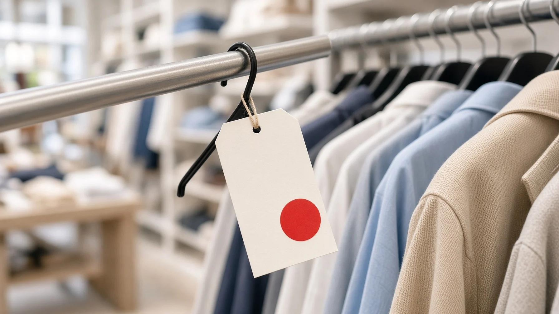 A price tag with a red discount sticker hanging from clothes on a store rack