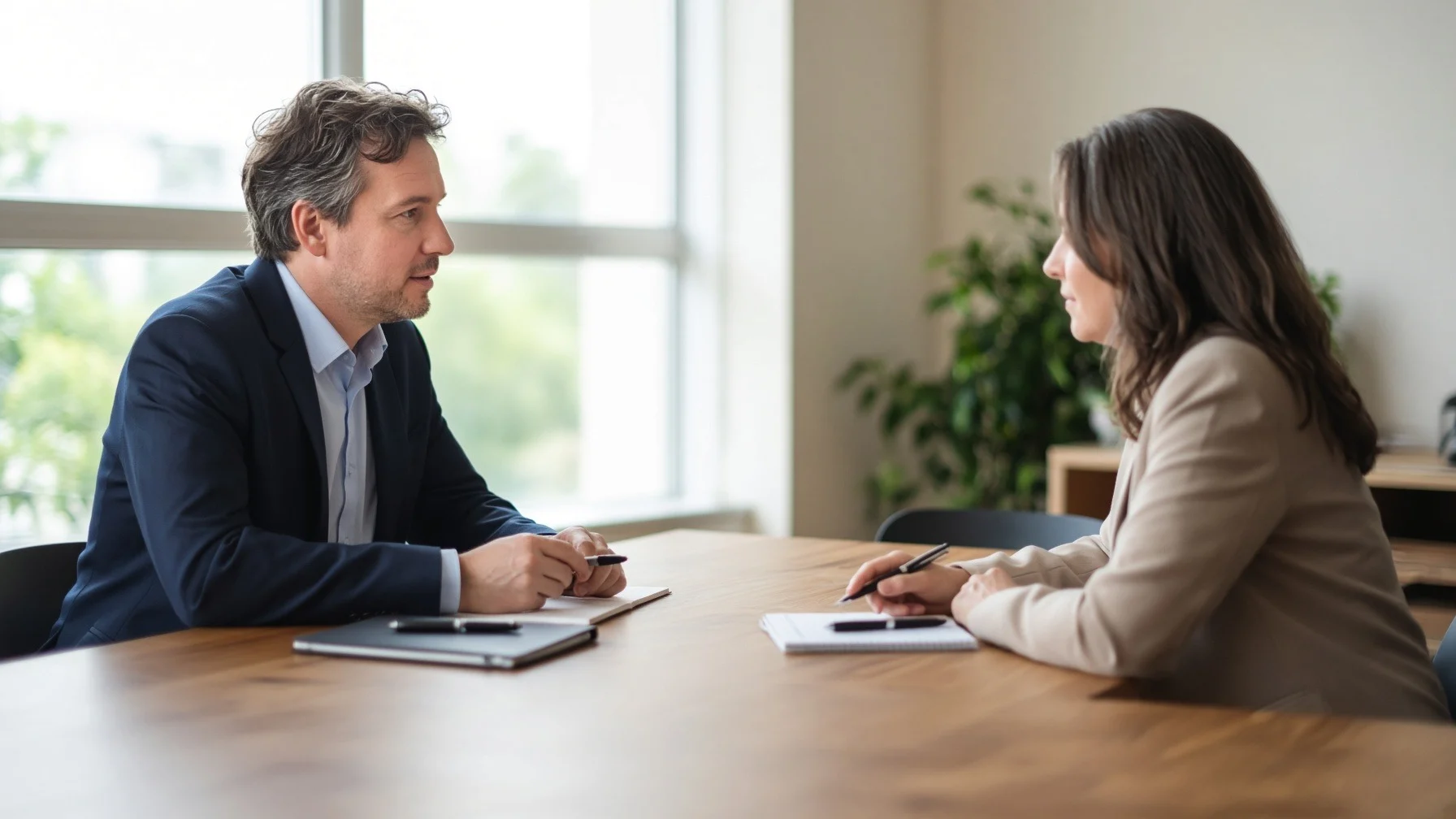 Two people talking calmly at a table in a bright meeting room, with a notebook and pen in front of them
