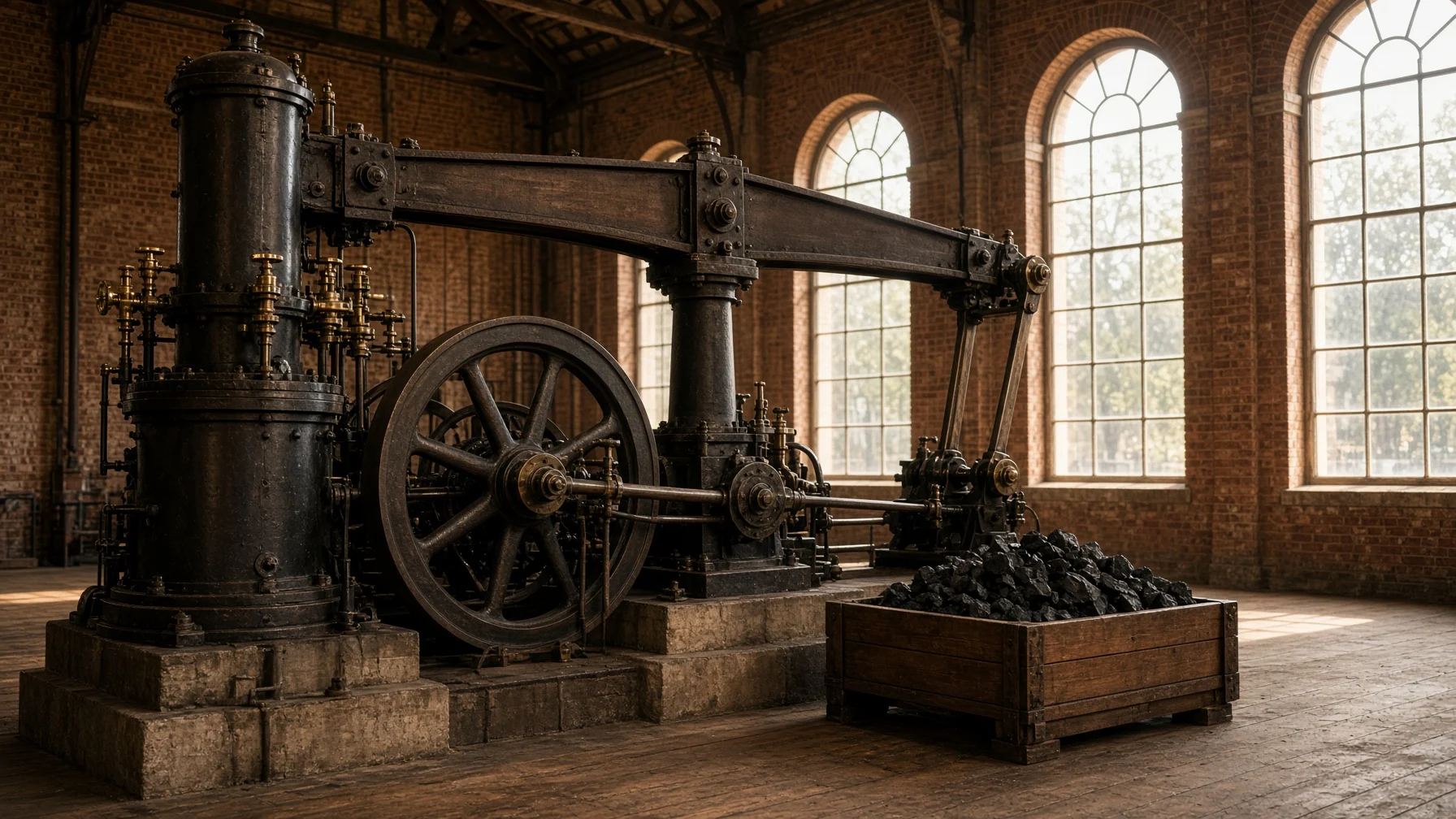A restored 19th-century steam engine and a coal cart in a bright industrial museum hall, showing the coal age in which the Jevons paradox began