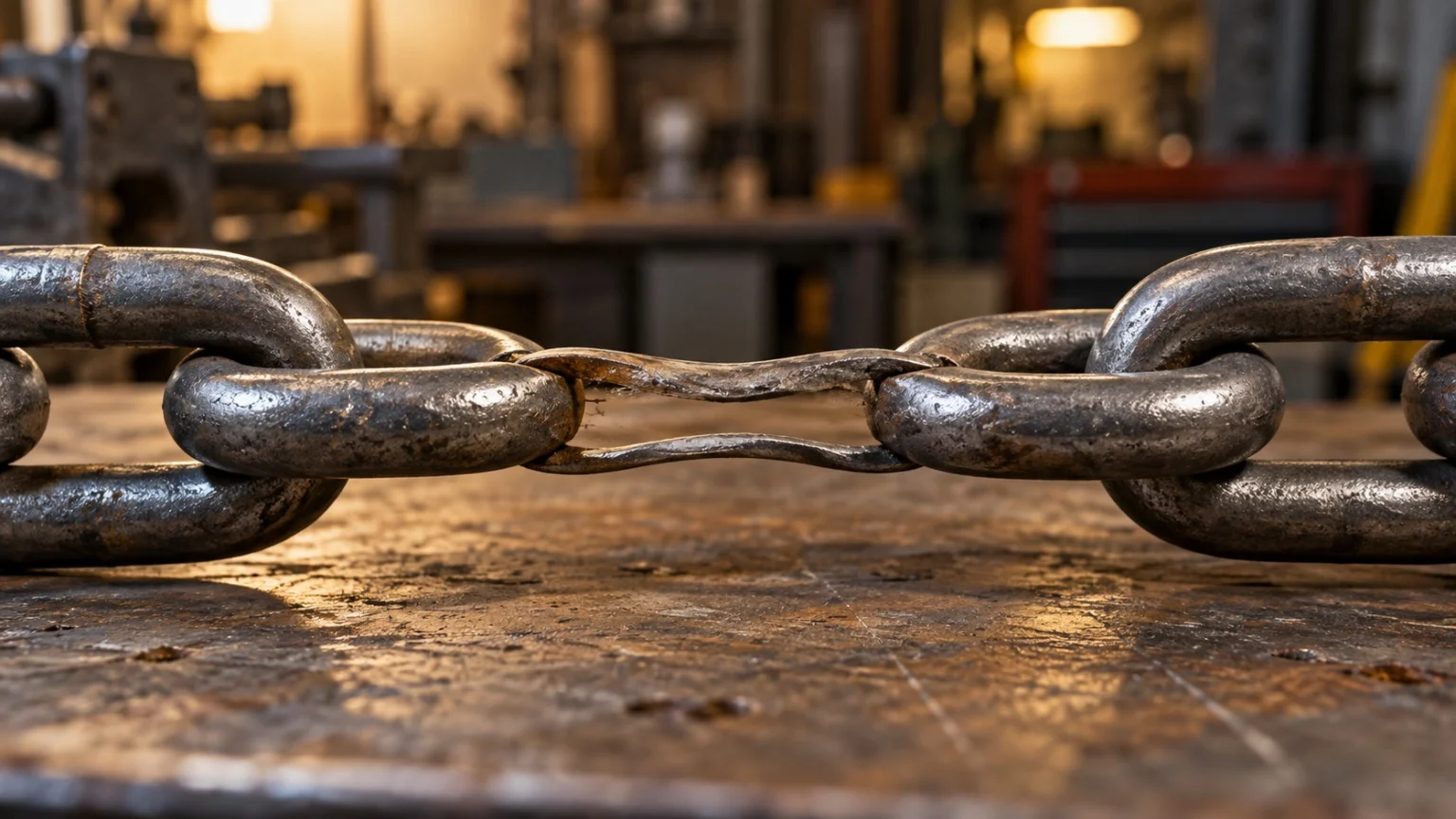 A taut iron chain stretched across a workbench, with one link in the middle noticeably thinner and more worn than the rest