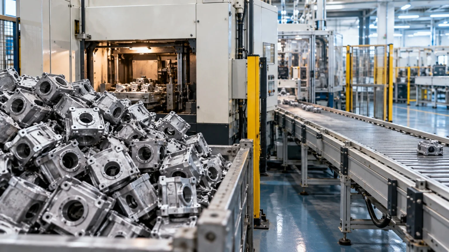 A factory production line where semi-finished parts are piled up in front of a single machine while the conveyor beyond it is nearly empty