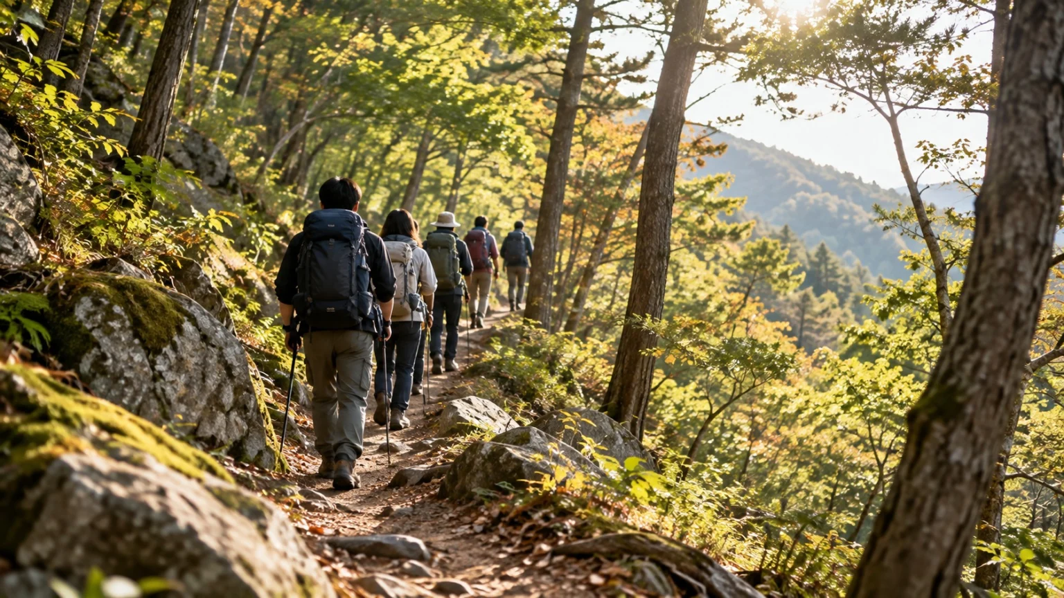 A distant view from behind of children wearing backpacks walking close together in single file along a forest mountain trail