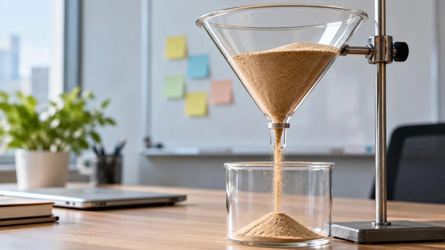 Sand flowing through the narrow neck of a glass funnel on an office desk and collecting in a bowl below