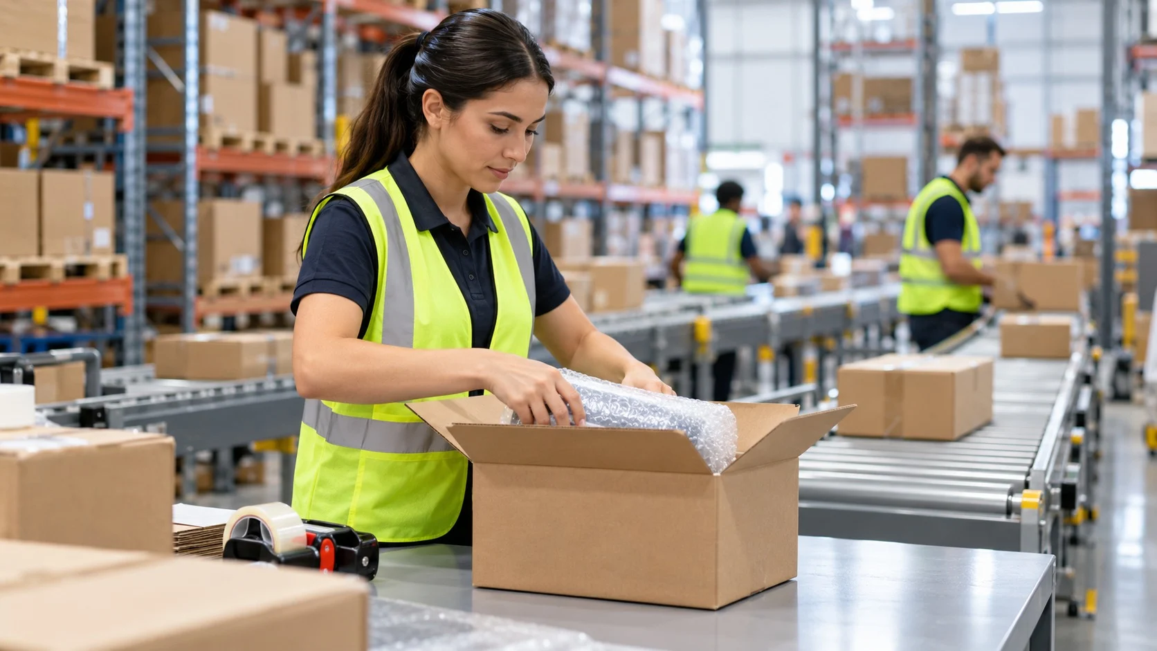 Inside a bright logistics warehouse, a worker in a safety vest packs items into a box at a packing station, with tall shelves and a conveyor carrying parcels in the background