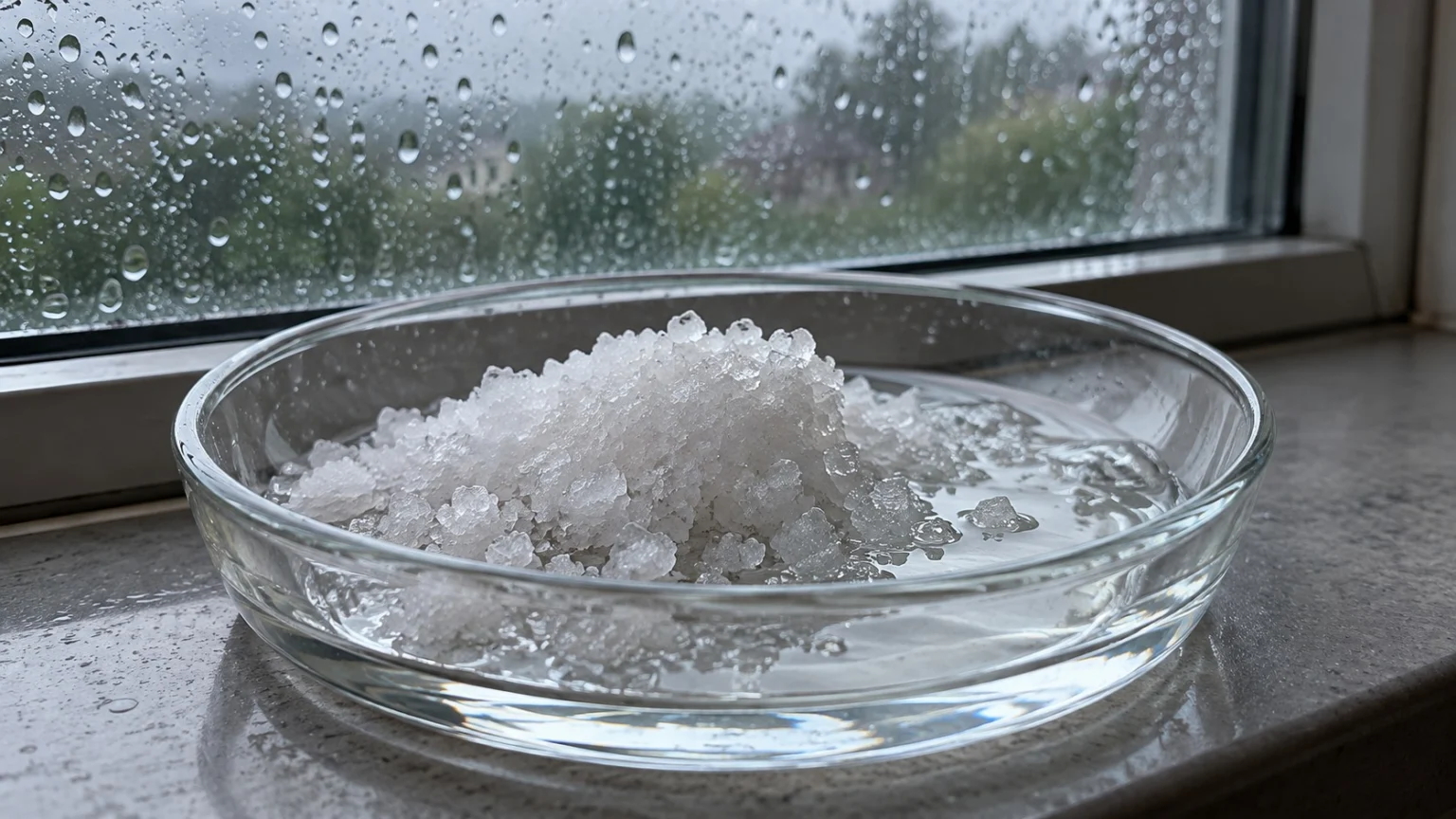 White crystal granules in a glass dish by a window on a rainy day, partly dissolved, with clear liquid pooling at the bottom