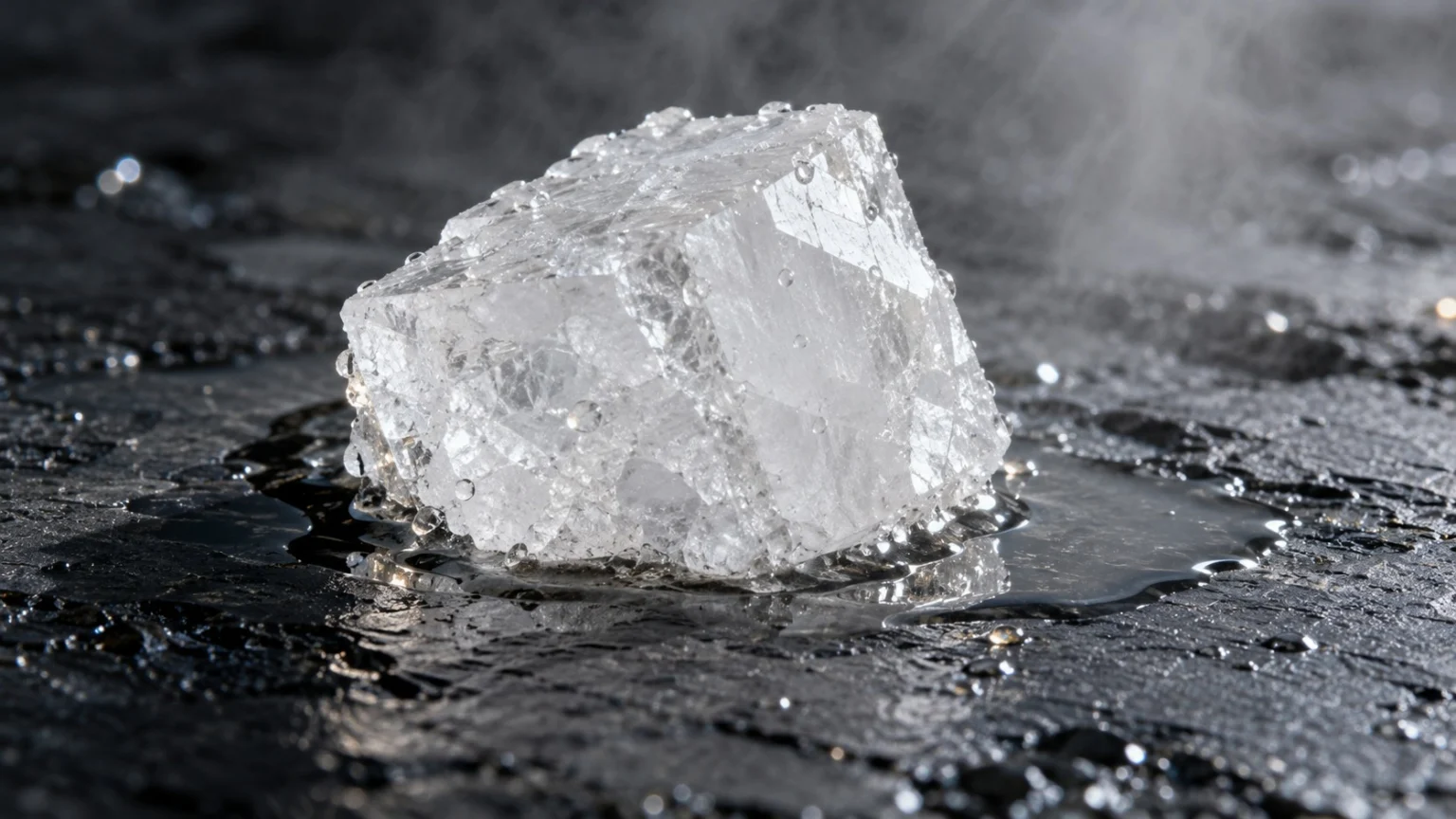 Close-up of a single white crystal with a thin film of water and tiny droplets forming on its surface and a clear solution spreading around it