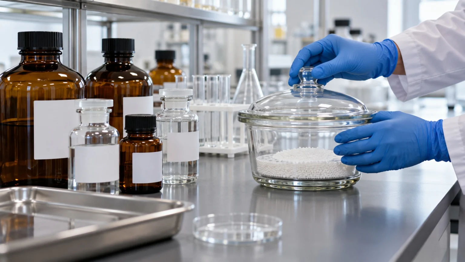 Tightly capped reagent bottles and a glass desiccator holding white granules on a lab bench, with a gloved hand closing a bottle cap