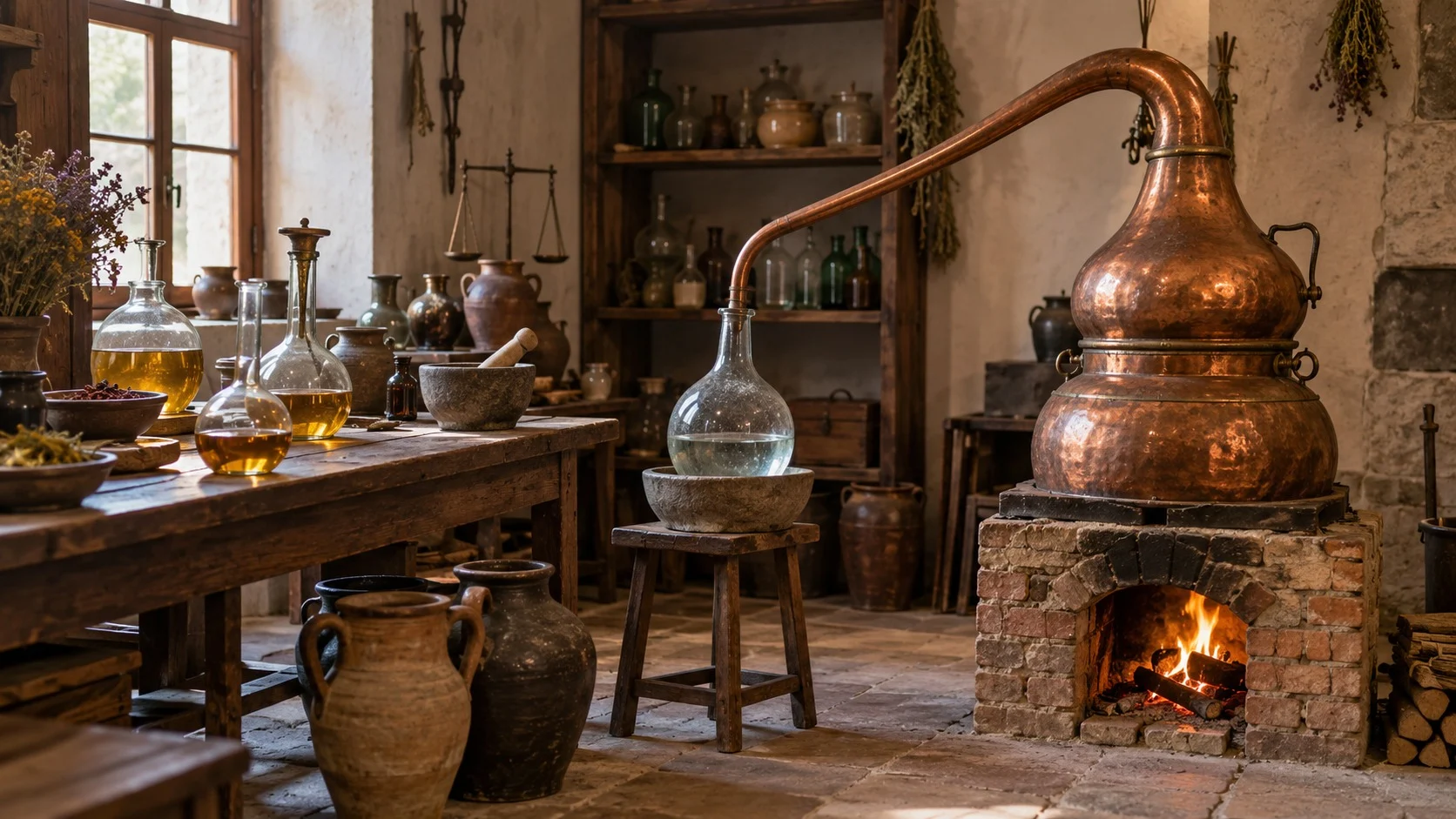 An old alchemist’s workshop recreated in a museum, with a copper alembic still with a long curved spout, glass flasks and clay jars set on a small brick furnace