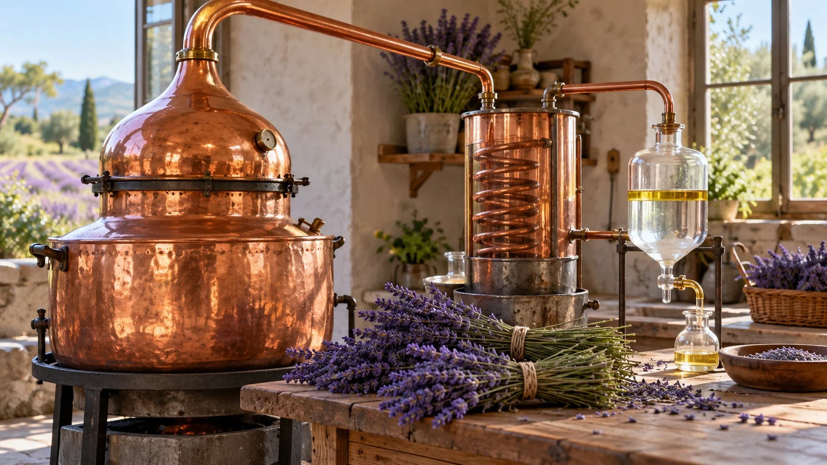 In a bright rural workshop, liquid that has passed through a copper still and condenser collects in a glass separator, where a thin golden layer of essential oil floats on the water, with a bunch of purple lavender on the table beside it