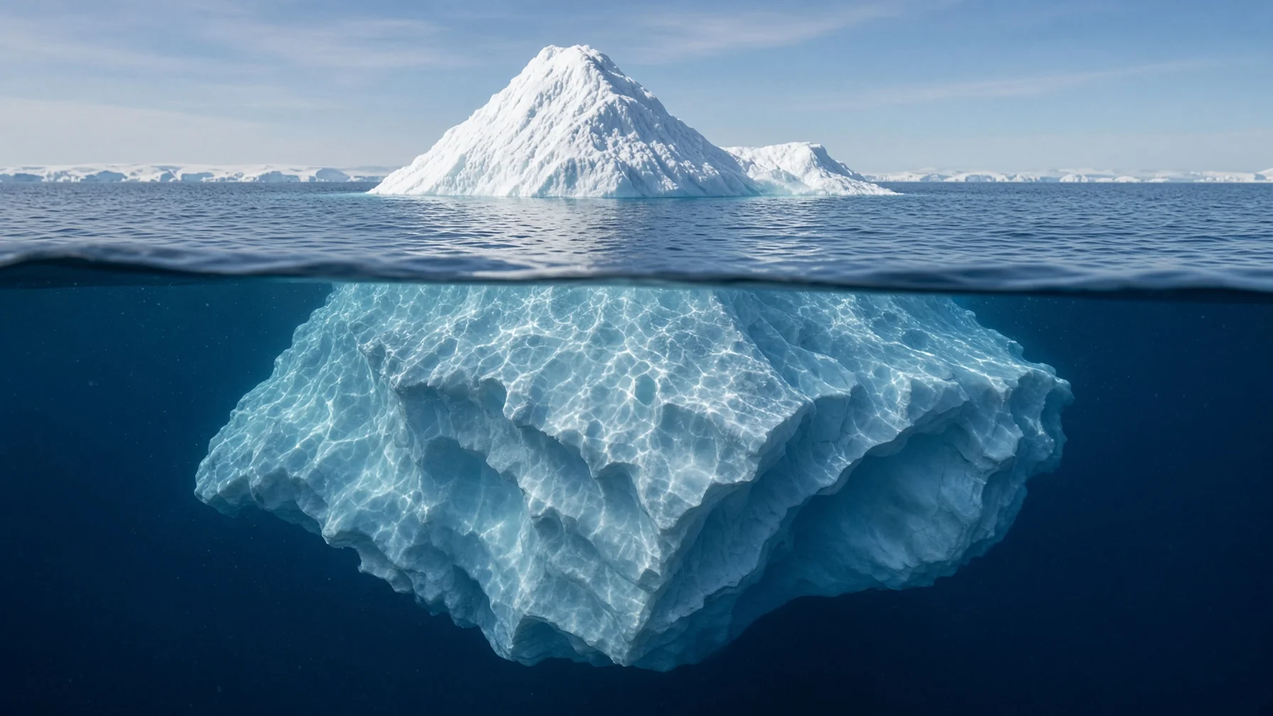 穏やかな海に浮かぶ氷山の、水面上の部分と、それよりはるかに大きな水中の部分が共に見える様子