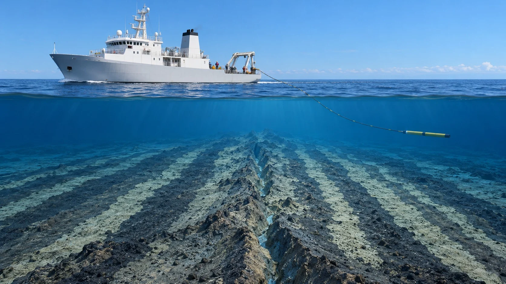 A research vessel crossing a calm sea while towing a magnetometer cable behind it, with dark and light bands of basalt alternating symmetrically on both sides of an undersea ridge