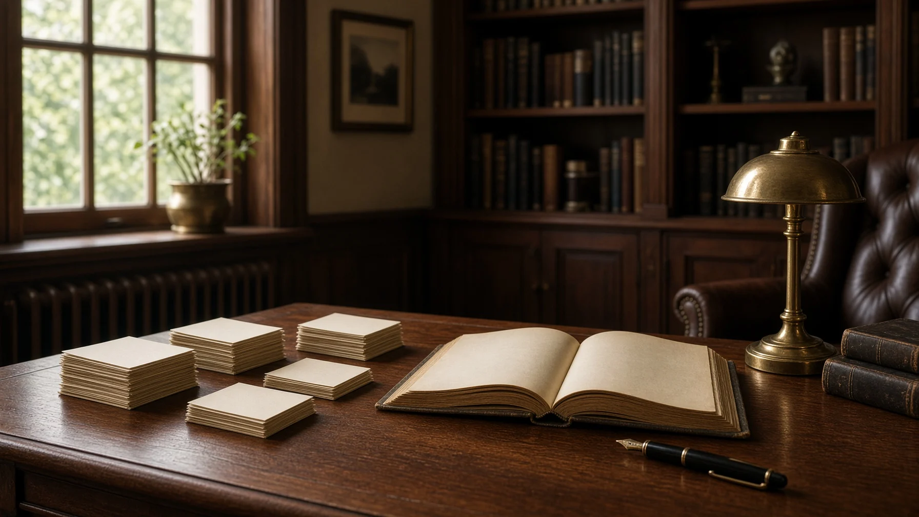 A stack of index cards, an open old book and a fountain pen on a wooden desk in a sunlit old study