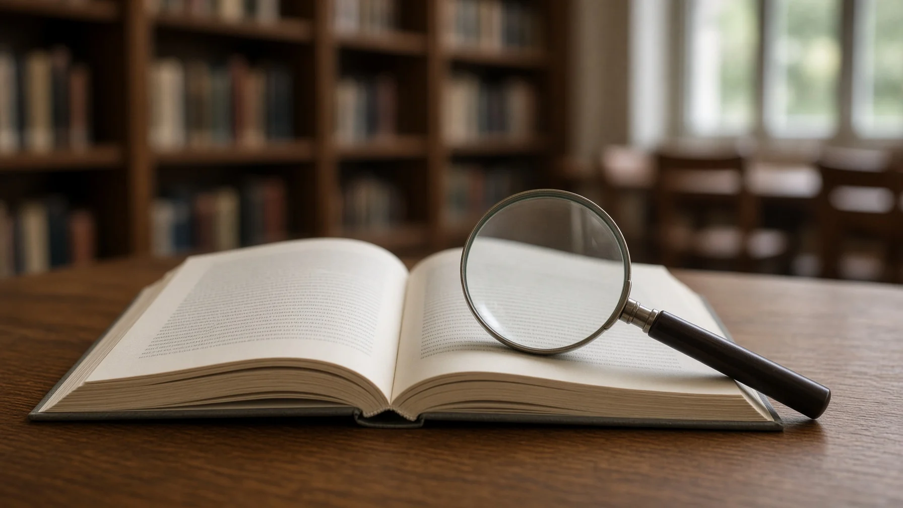 A magnifying glass resting on an open book on a reading table in a quiet library, with the lines of text appearing blurred