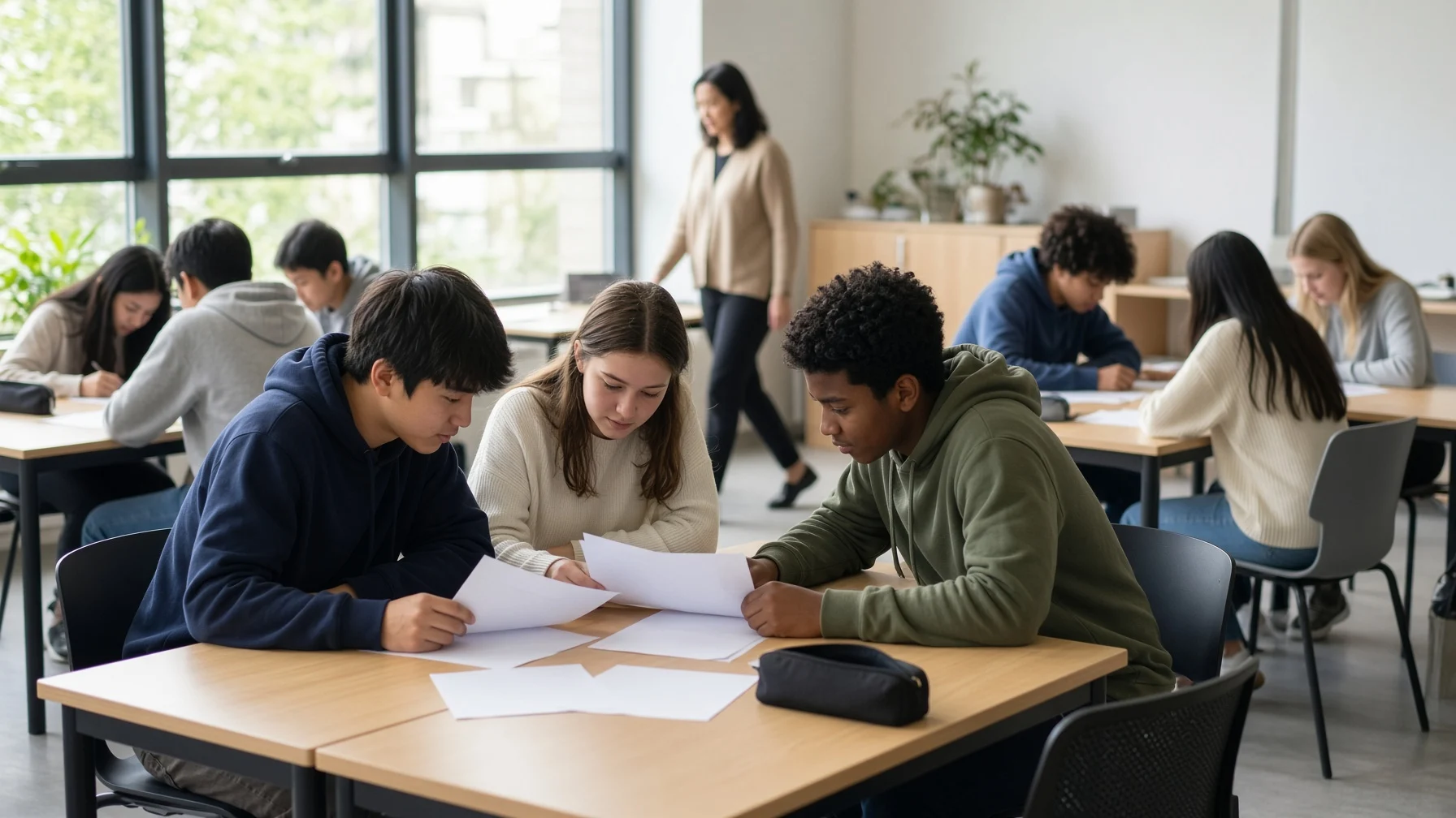 Students sit in small groups around a bright classroom, while on one side three students from different groups gather to compare notes and the teacher moves between the tables