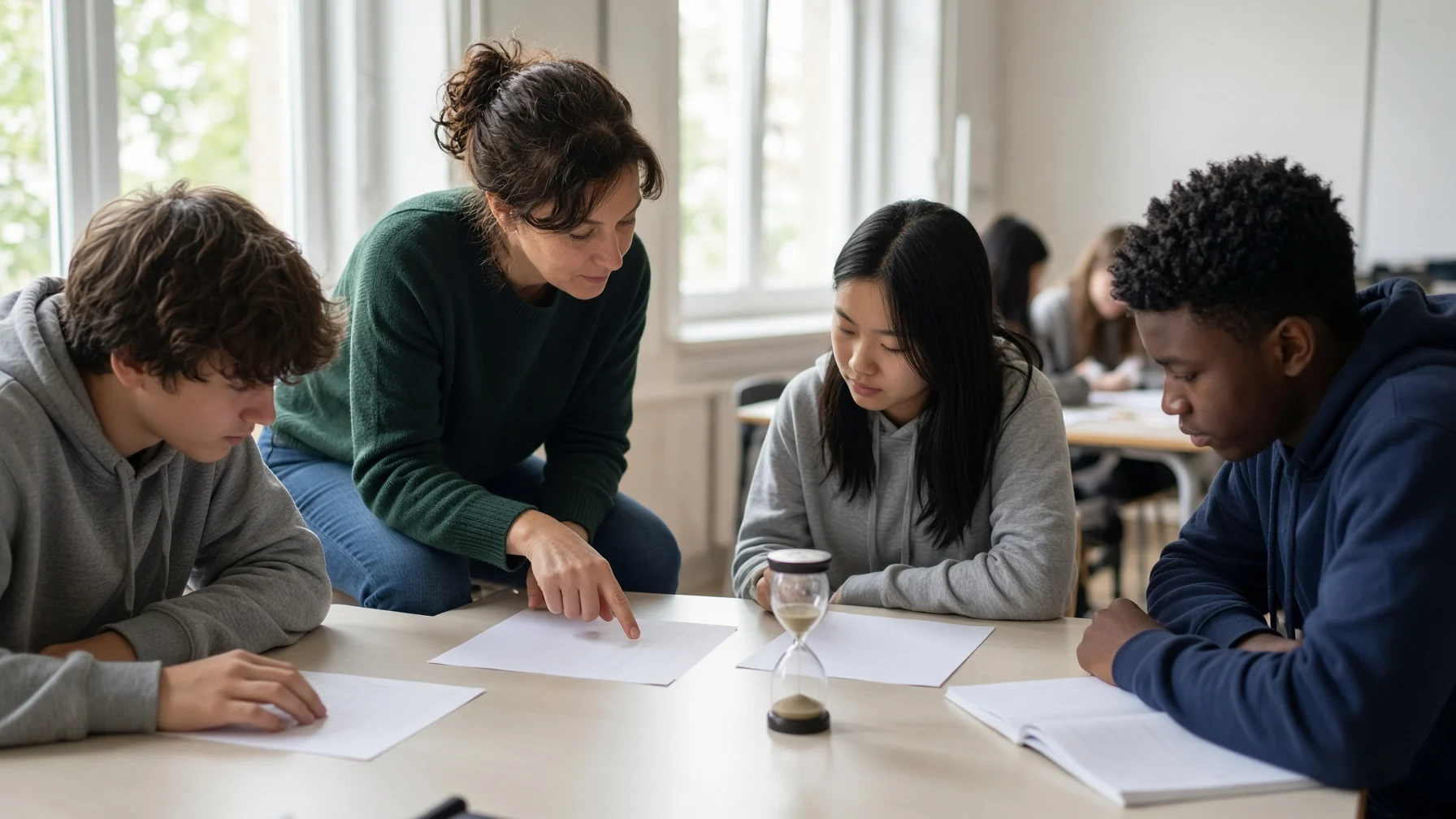 In a bright classroom, a teacher leans over a table and points at a high school group’s worksheet while giving advice, with an hourglass sitting on the table