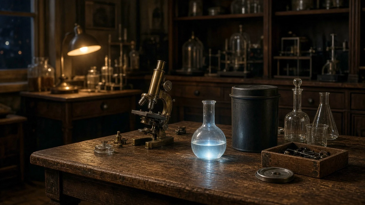1930年代の物理学実験室の木の作業台の上で、透明な液体の入った小さなガラスフラスコがかすかな青い光を放ち、そばに真鍮の顕微鏡や古いガラス器具、鉛の容器が置かれている様子