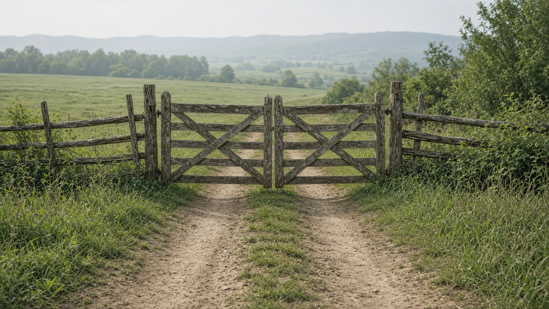 An old wooden fence and a closed gate standing across a dirt country road between green fields