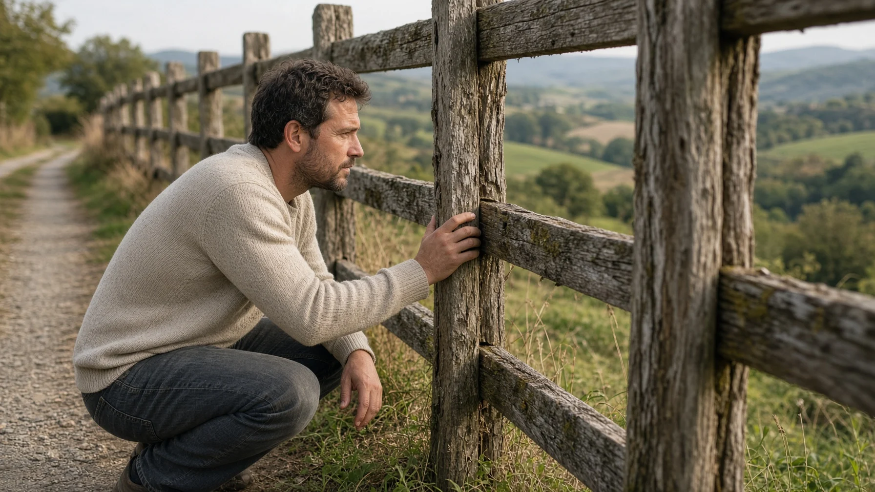A person crouching beside an old wooden fence on a country road, examining a post and looking beyond it