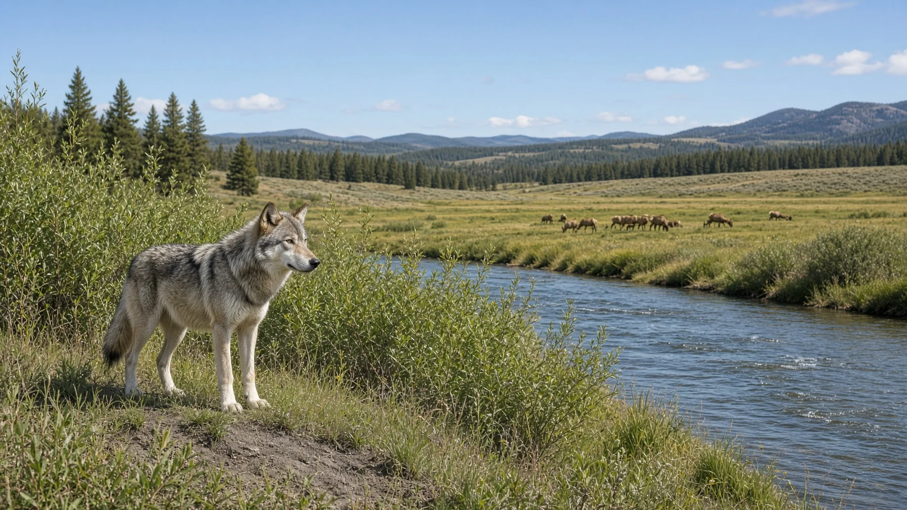 A wide valley with a wolf standing on a riverbank where willows grow and elk grazing in the distance