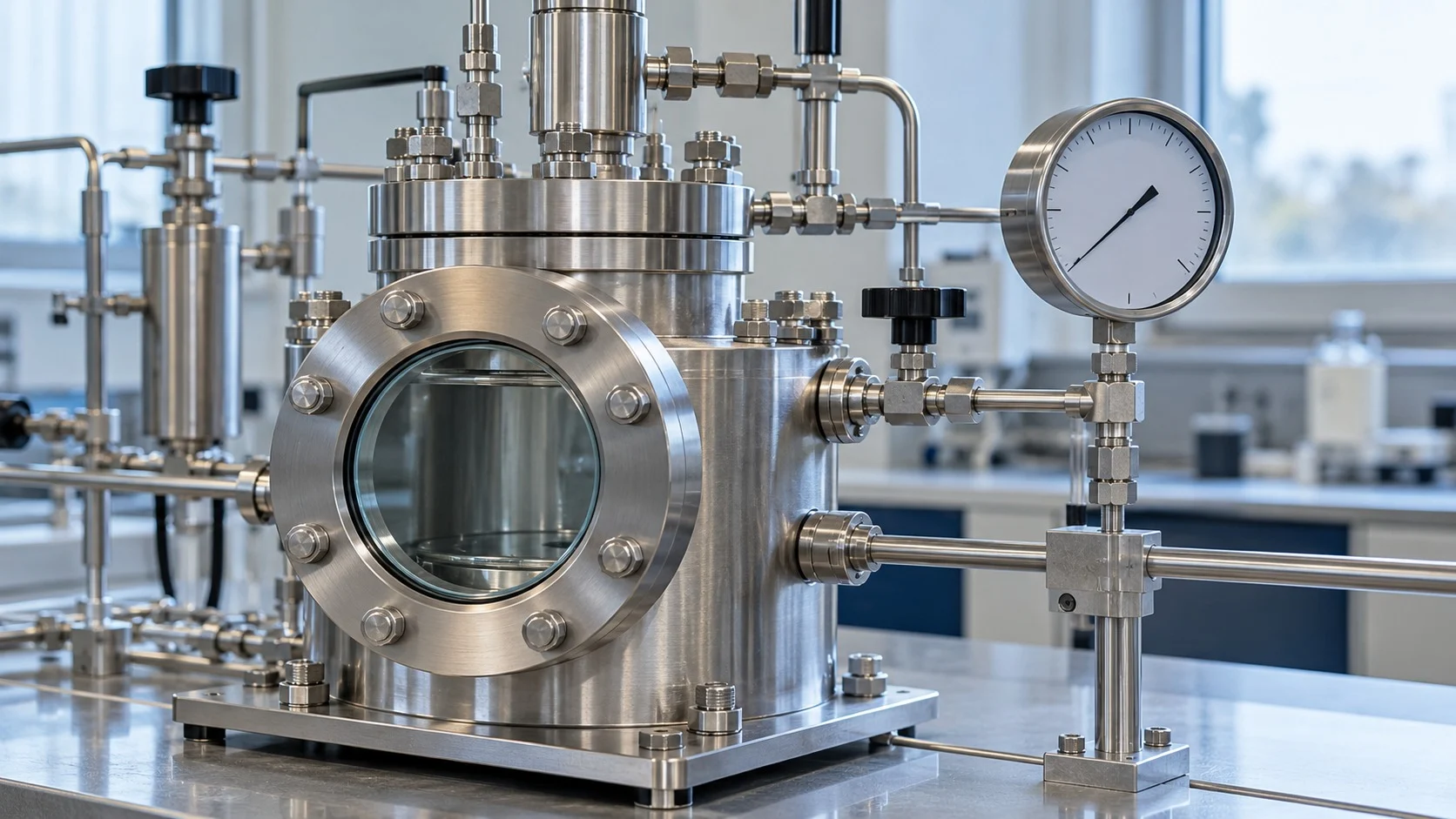 A thick stainless-steel high-pressure vessel with a round glass window on a laboratory bench, connected to tubes and a pressure gauge