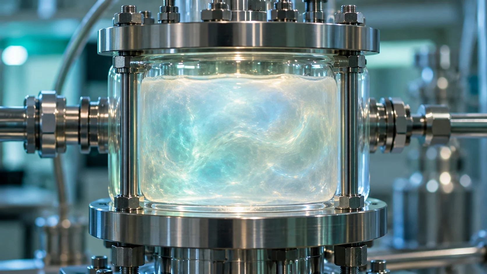 Inside a sealed glass high-pressure cell, the boundary between liquid and gas blurs as a clear fluid shimmers and turns hazy