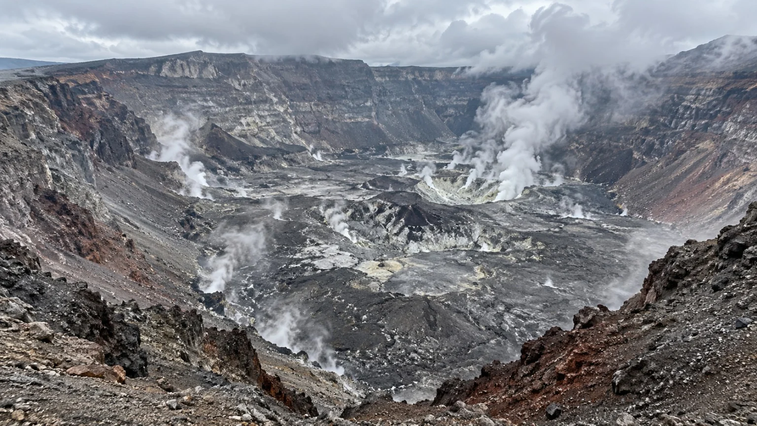 崩れ落ちた火山の頂上の広く陥没した底で、割れ目ごとに水蒸気が立ちのぼり、幾重にも重なる地層がむき出しになった崖が取り囲んでいる様子