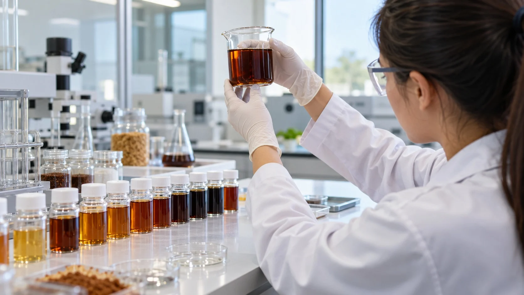 A researcher in a white coat in a food quality control laboratory holding a beaker of dark brown caramel color up to the light, with sample bottles in various shades of brown lined up on the workbench
