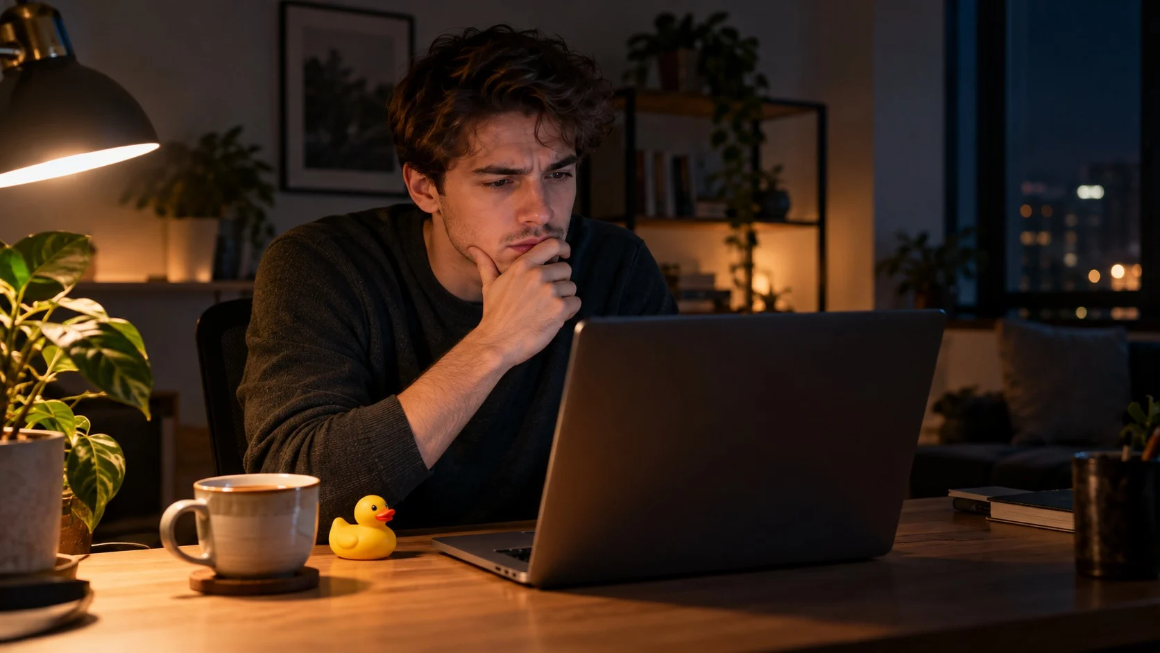 A young developer at a laptop at night, chin in hand, thinking hard while hunting for a bug, with a small rubber duck and a teacup on the desk