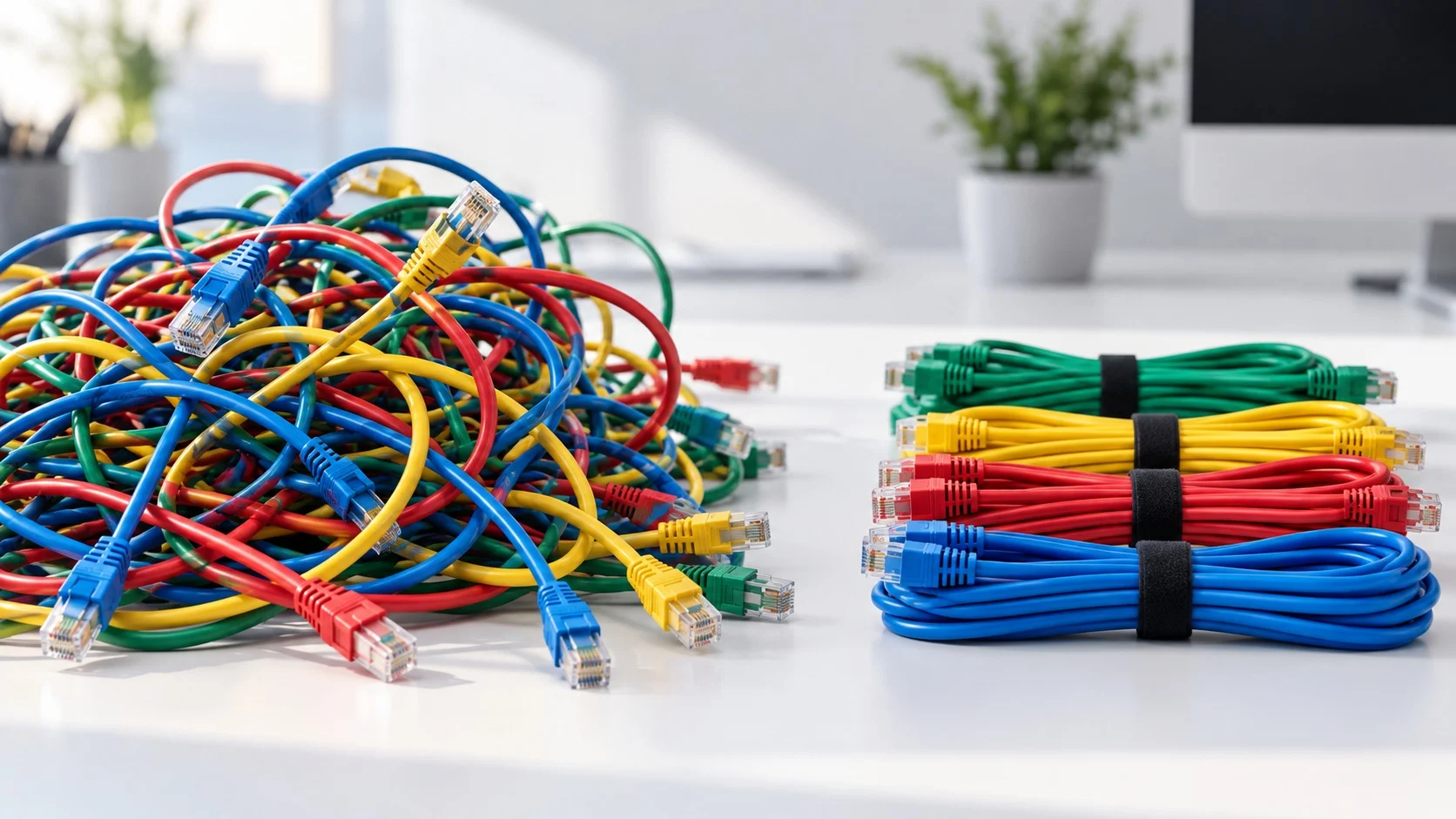 On one side of a white desk, colorful cables are tangled, while on the other side the same cables are neatly bundled, contrasting chaos with order