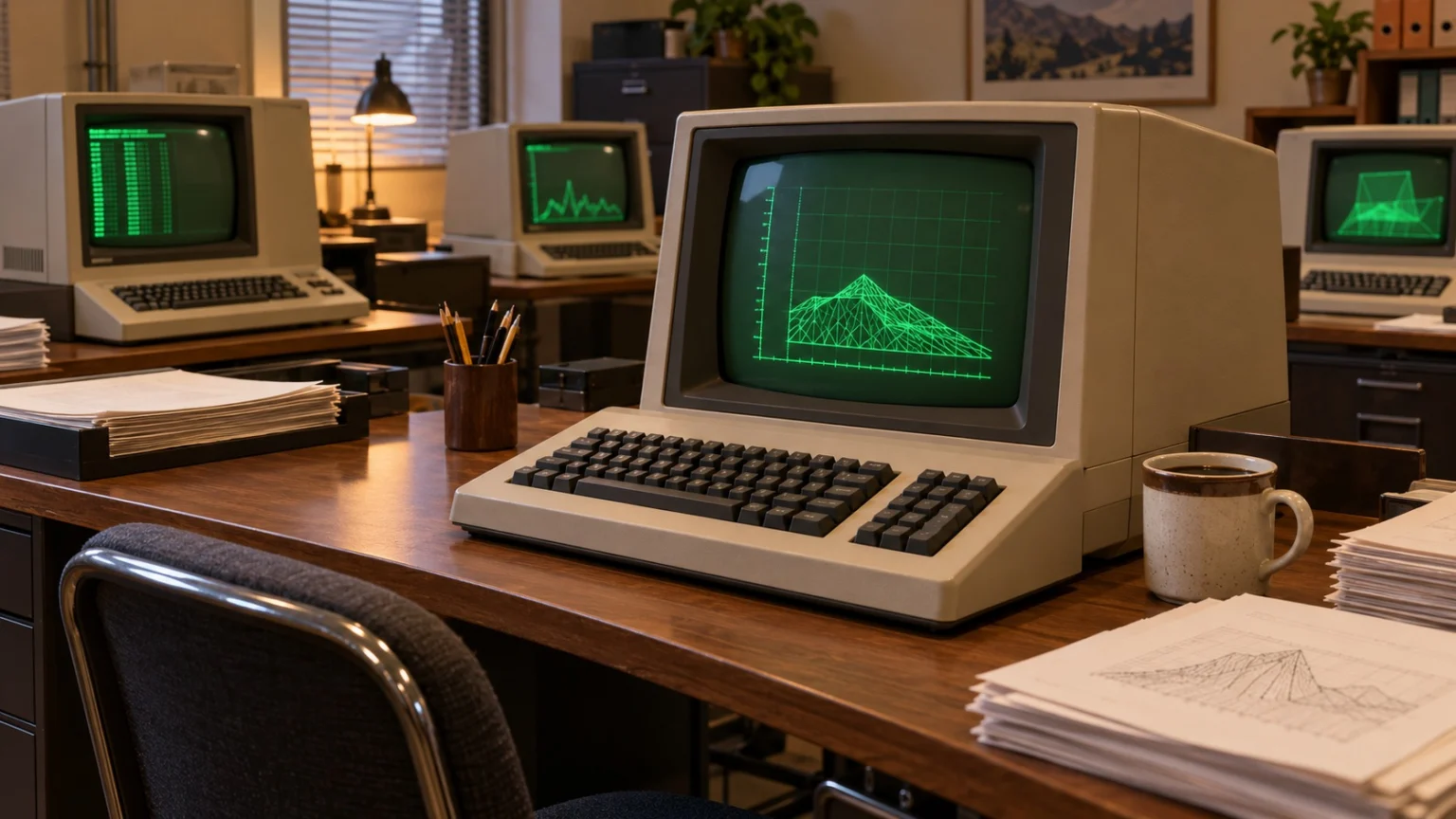 1980年代のオフィスの机の上に、緑色の文字が表示された画面のベージュのコンピューター端末とキーボード、コーヒーカップ、印刷した紙の束が置かれた様子