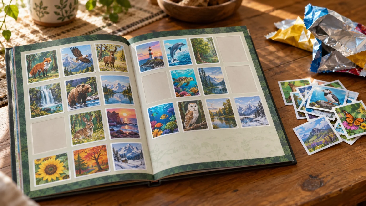 A sticker album, mostly filled with only a few empty slots, on a wooden table alongside torn-open snack packets and a pile of duplicate stickers