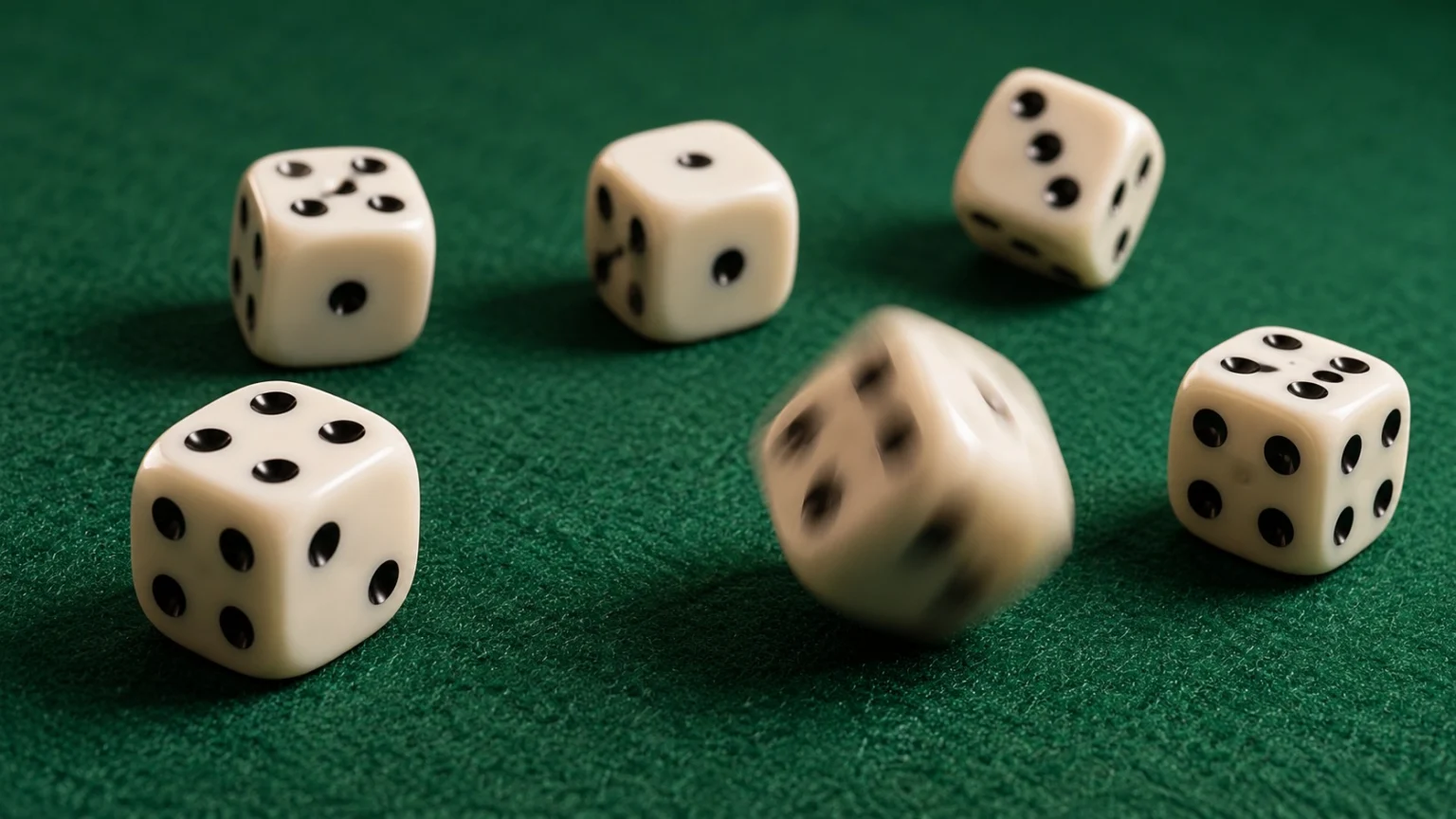 Dice rolling across a green felt table, with several dice scattered about showing different faces