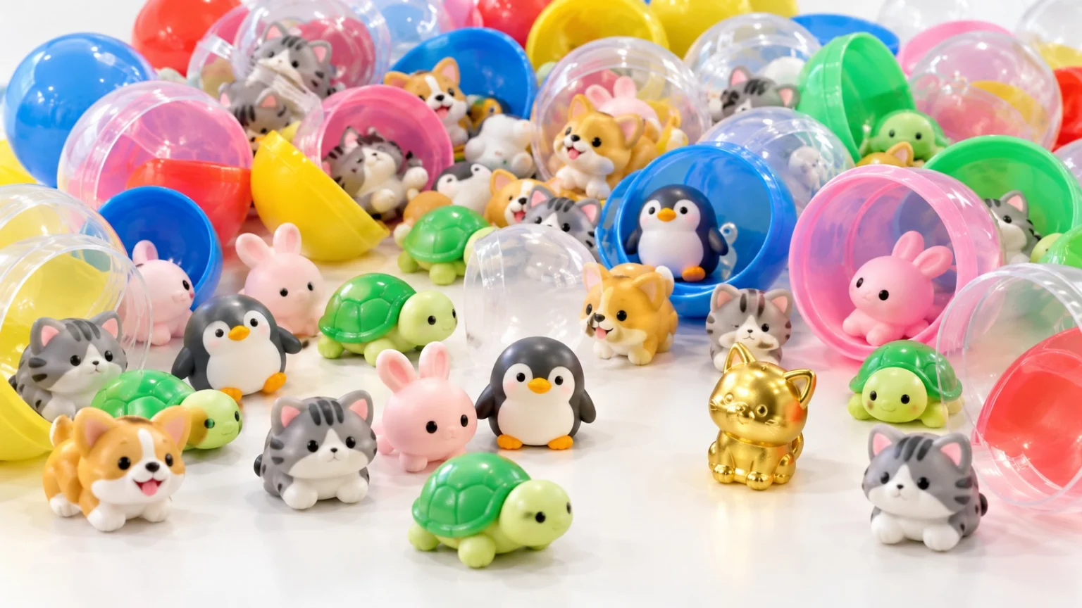 Identical animal toys scattered among opened capsules on a white table, with a single gold cat toy set apart on its own