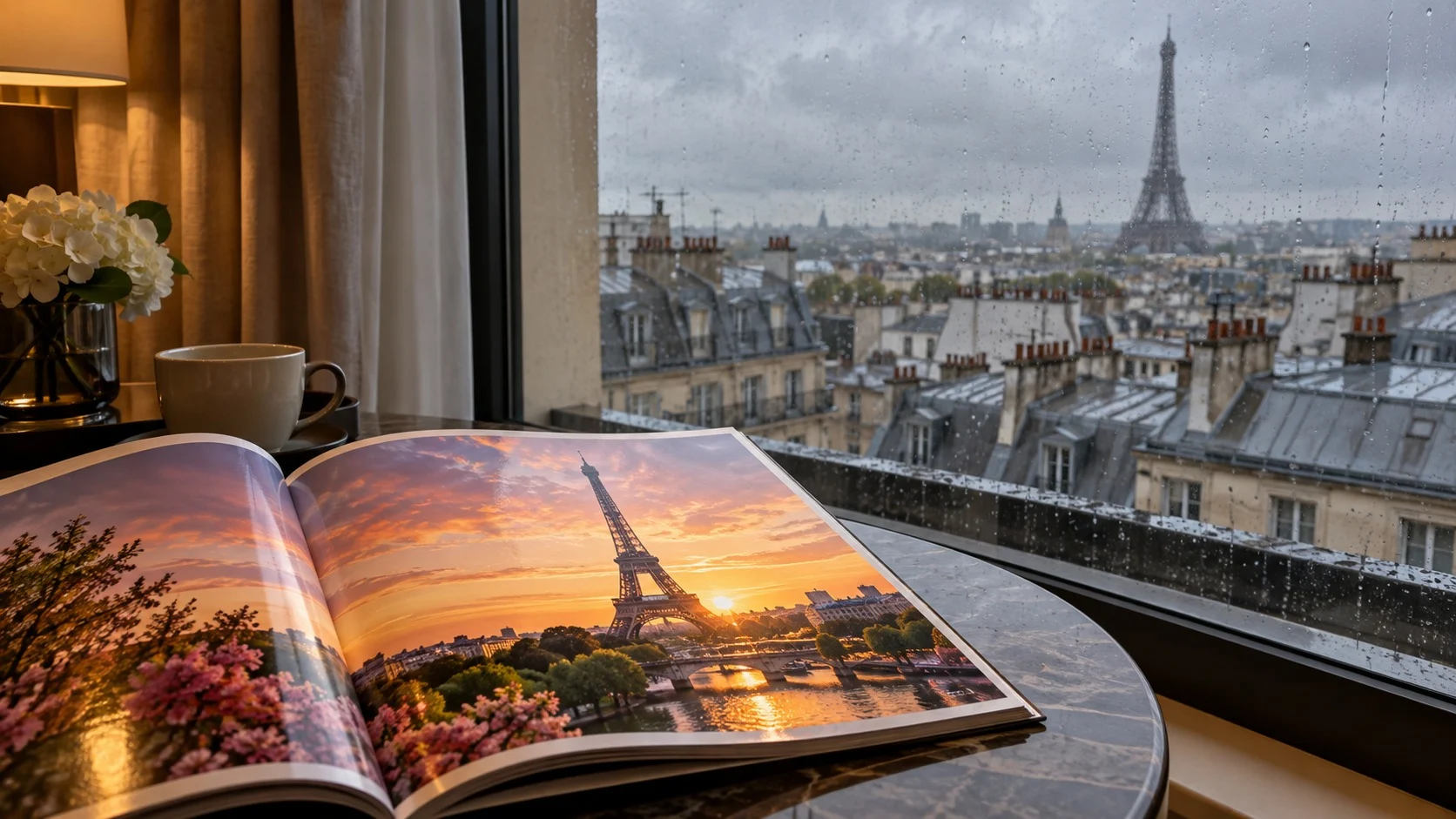 A travel magazine with a photo of the Eiffel Tower at sunset lies open on a hotel room table, while outside the window gray, rainy Paris rooftops contrast expectation with reality