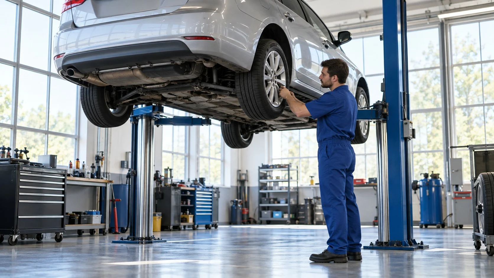 A hydraulic lift raises a silver passenger car high in a bright auto repair shop while a mechanic stands beside it