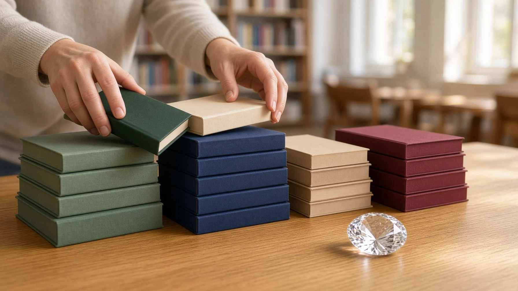 明るい図書館の木のテーブルで、司書が表紙のない本の山を色ごとにいくつもの小さな束に分け、そばで多くの面にカットされた宝石が光を受けている様子