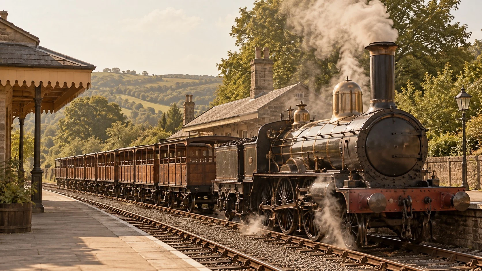 Steam locomotives and open wooden carriages lined up waiting to depart at a rural English railway station in the 1840s