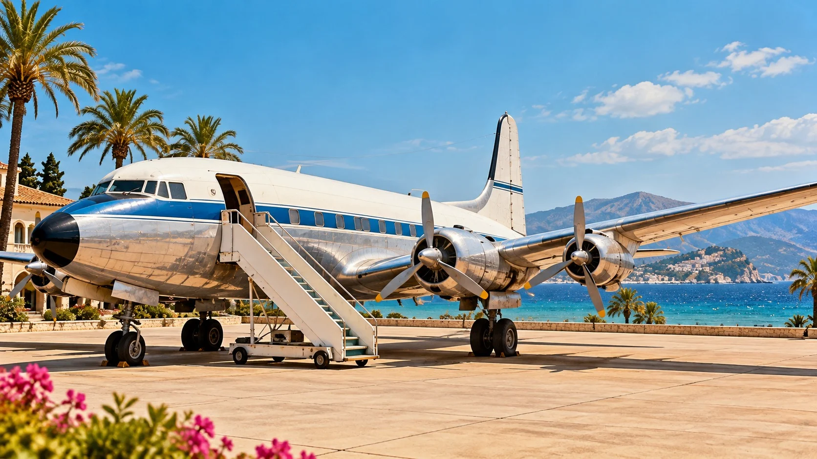 A 1960s propeller airliner with boarding stairs attached stands on a sunny Mediterranean airport apron, with palm trees and a blue sea in the background