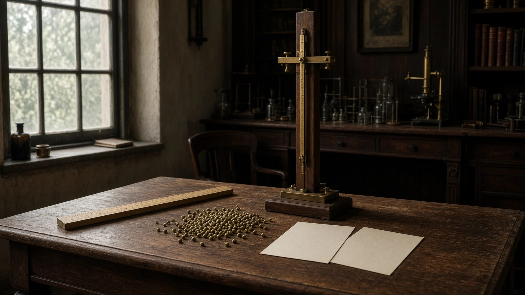 A warm nineteenth-century study desk with a height-measuring rod, pea seeds, and blank paper