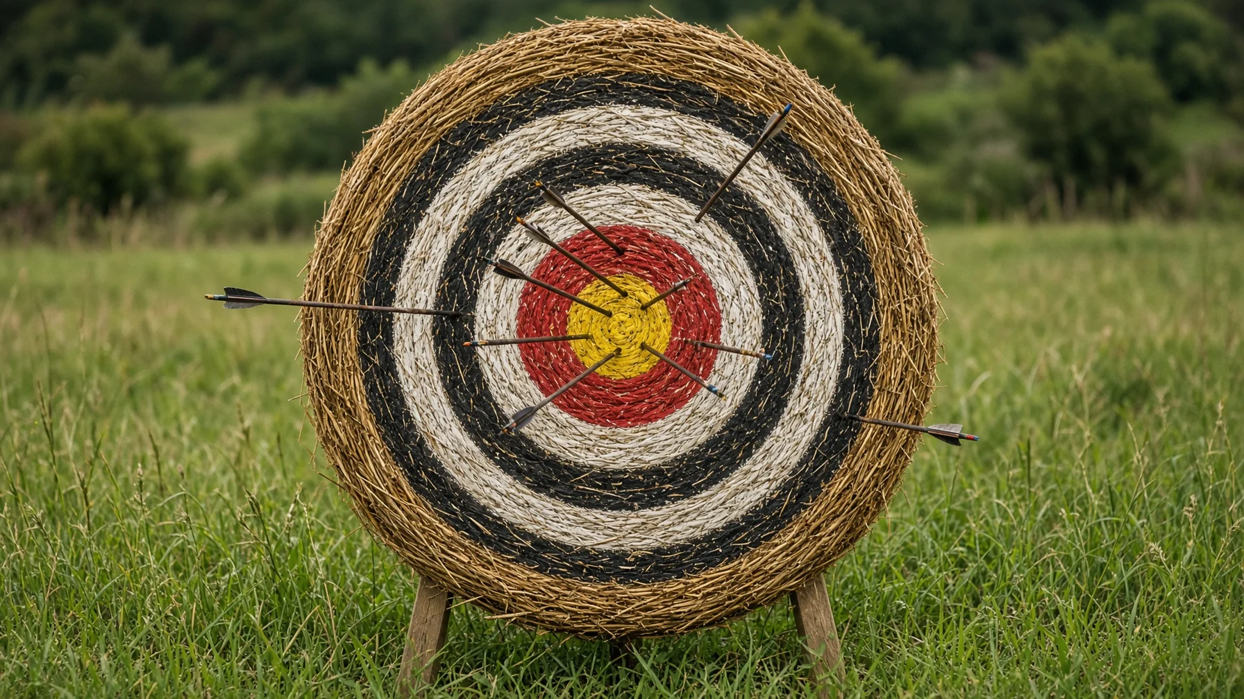 An archery target on a grass field with most arrows clustered near the center and a few scattered at the edge