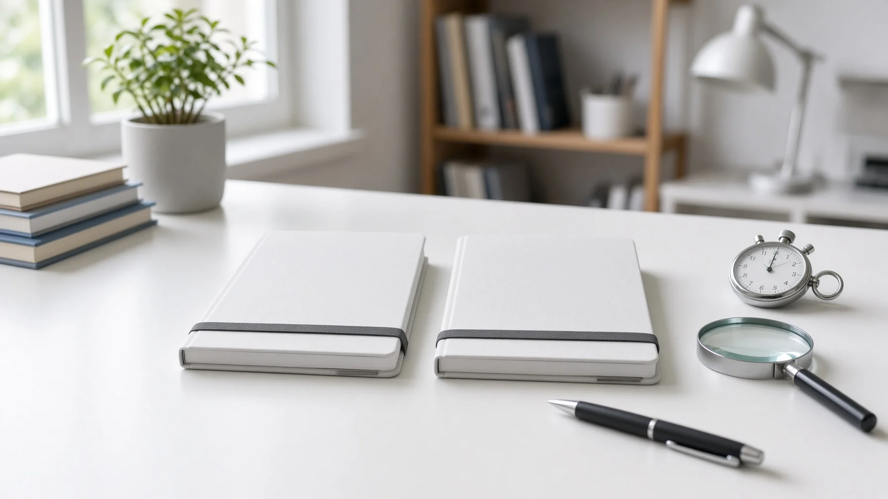 A bright lab desk with two identical blank notebooks side by side, plus a pen, stopwatch, and magnifying glass