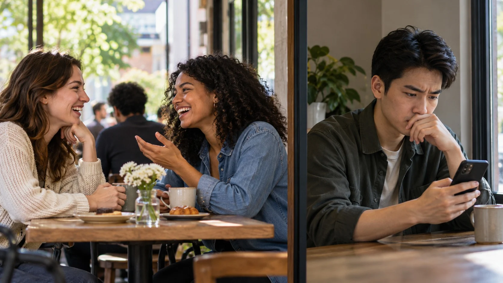 On the left, two friends sitting across from each other in a café laughing together; on the right, a person alone looking at a smartphone with a serious, bewildered expression