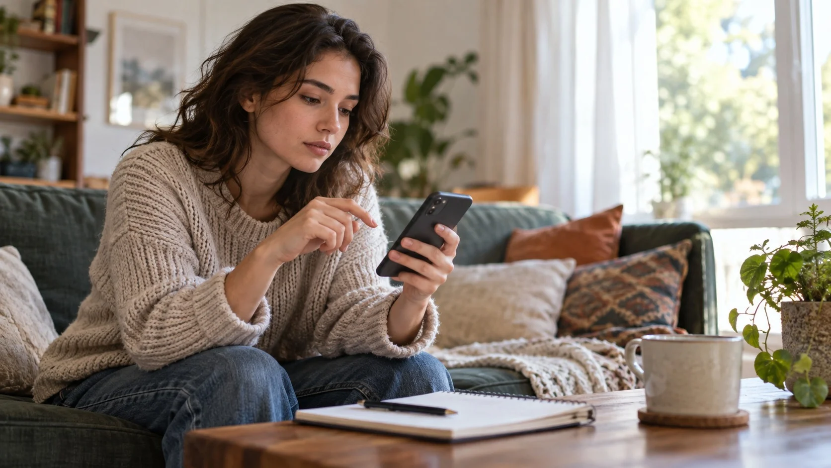 A person sitting on a sofa pausing a finger over a smartphone screen, lost in thought for a moment before posting a reply