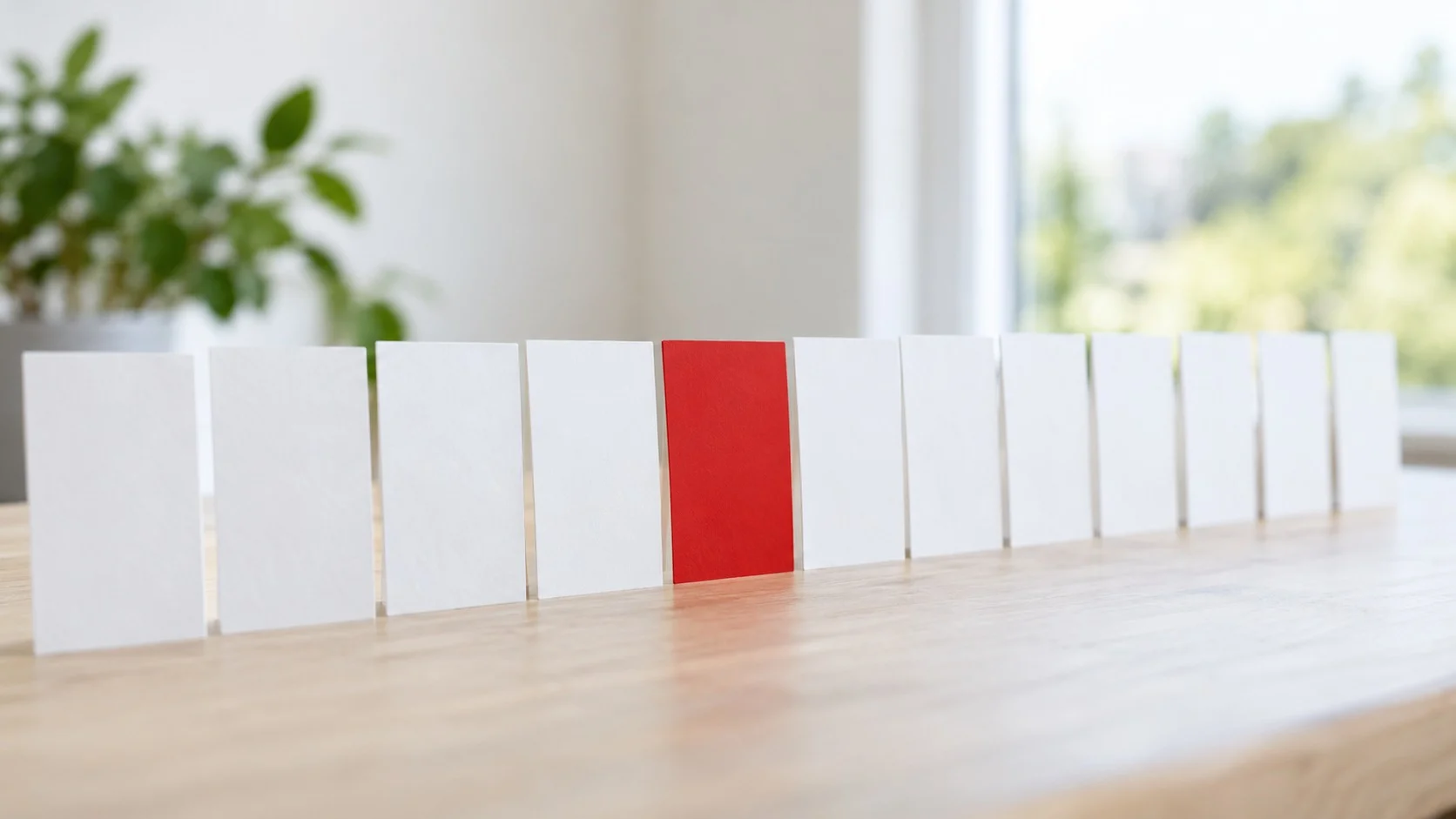 White cards standing in a row on a bright wooden table with a single red card tucked among them, calling to mind the Von Restorff Effect in which the odd one out stands out