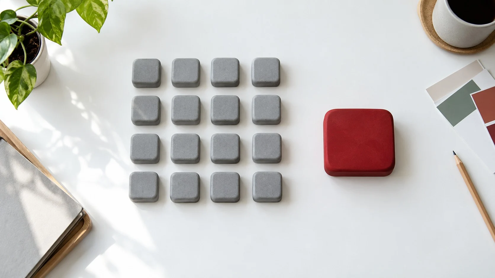 Gray blocks on a bright desk with one larger, deeper red block set apart with empty space, creating contrast through color, size, and whitespace