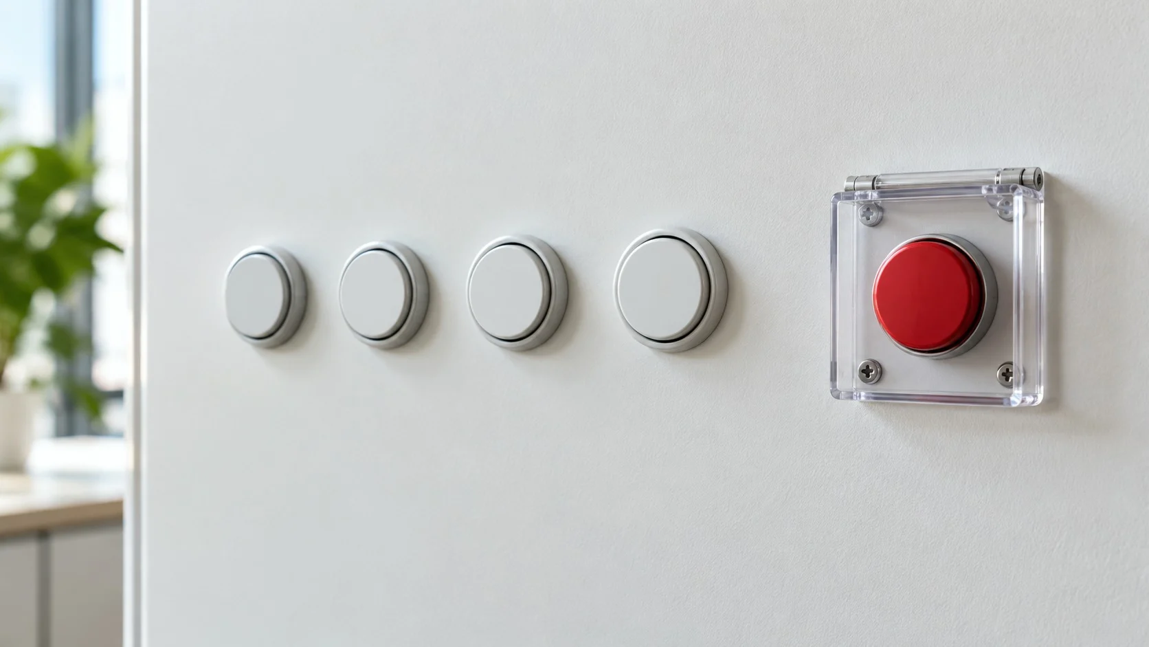 White buttons on a bright wall with a single red button under a clear cover set apart, calling to mind the principle of marking irreversible actions differently