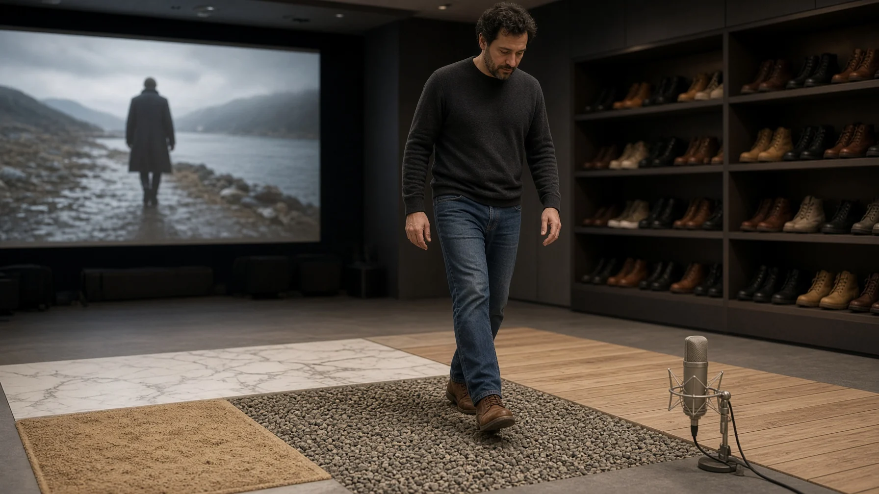 In a modern Foley studio, a Foley artist walks in place on a gravel section next to floors laid with marble, wooden boards, and sand, with shoes lined up on shelves, a microphone placed close to the floor, and a blurry film scene on the screen behind