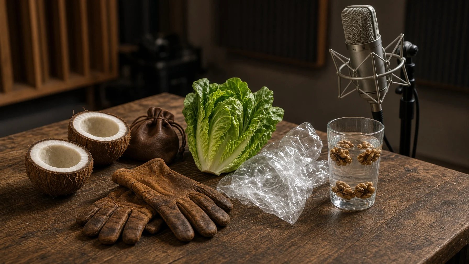 On a wooden table in a Foley studio, sound props such as a coconut shell cut in half, a small leather pouch, leather gloves, romaine lettuce, crumpled clear cellophane, and a glass of water with walnuts in it sit next to a microphone